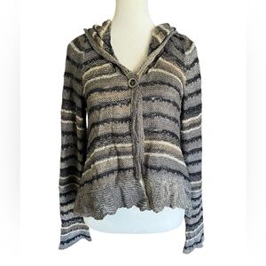 FREE PEOPLE Striped Wool-Blend Knit Hooded Boho Cardigan Sz M Bell Sleeves